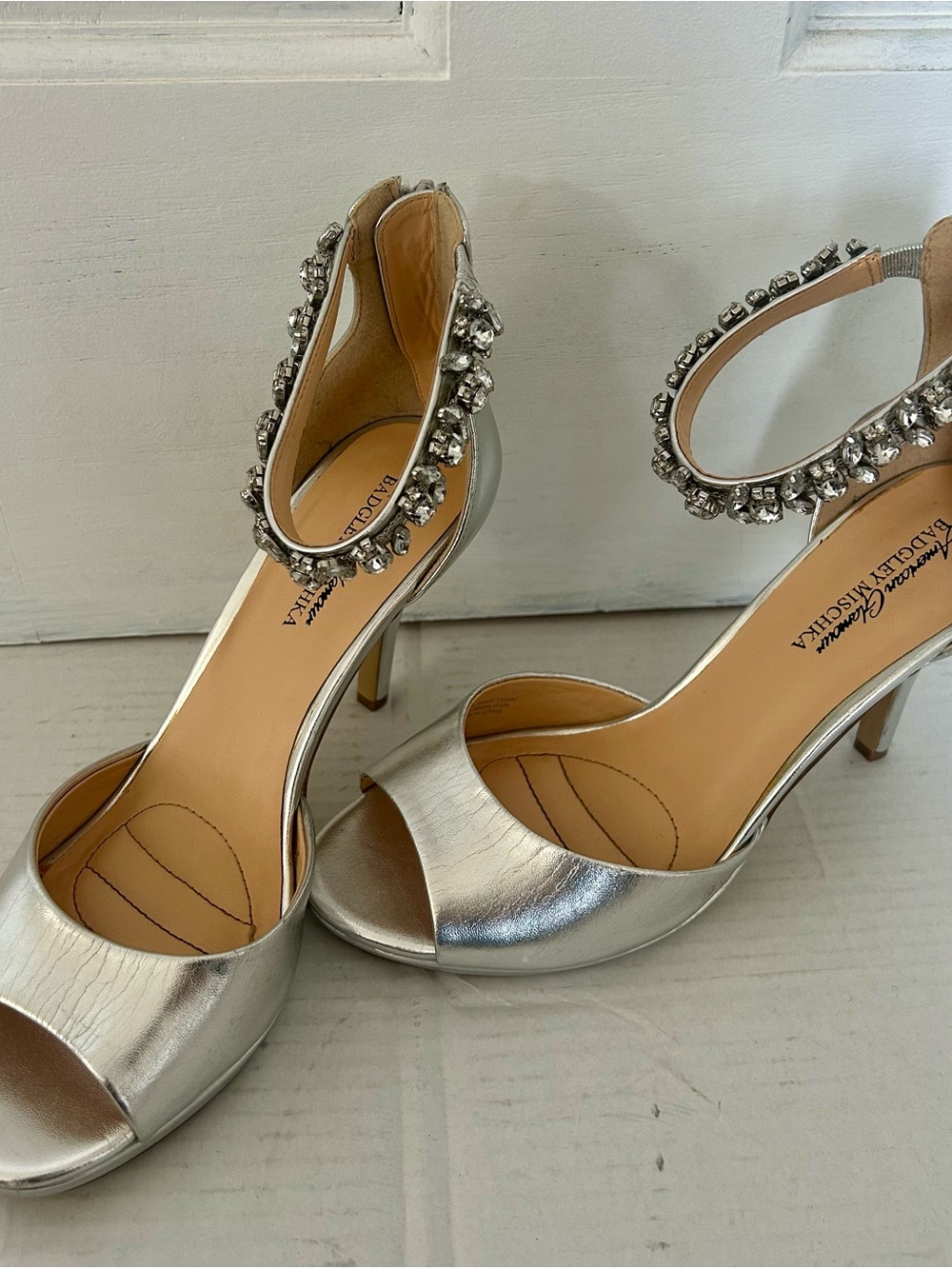 Badgley Mischka Silver Crystal-Ankle Peep-Toe Heels